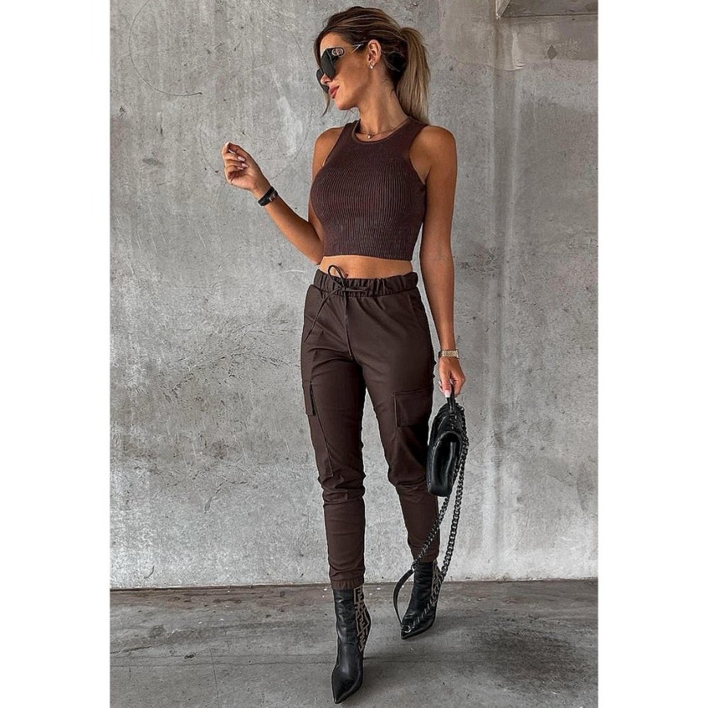 Brown Faux Leather Vegan Leather High Waist Cargo Utility Joggers Jogger Pants - Picture 7 of 10